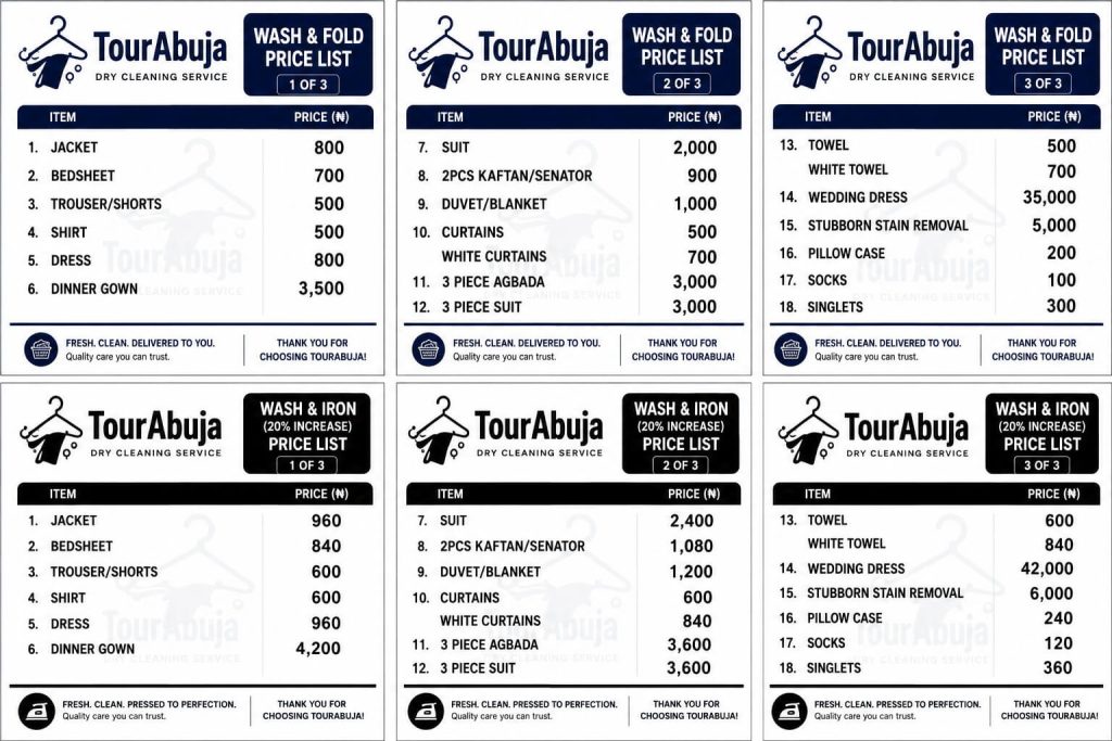 Laundry and Dry Cleaning Price list