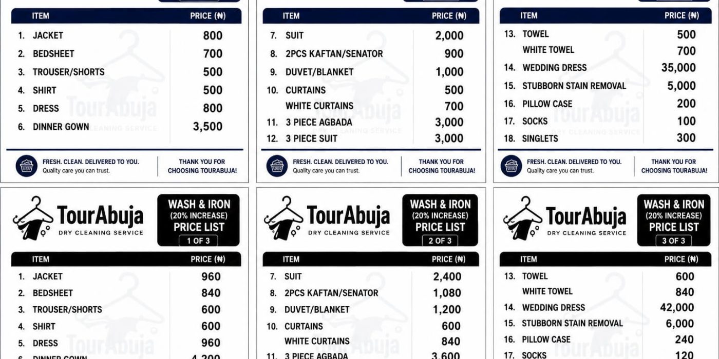 Laundry and Dry Cleaning Price list